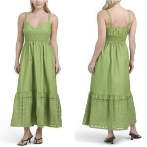 Calypso St Barth Green Eyelet Maxi Dress Women Medium Smocked Cotton Boho
